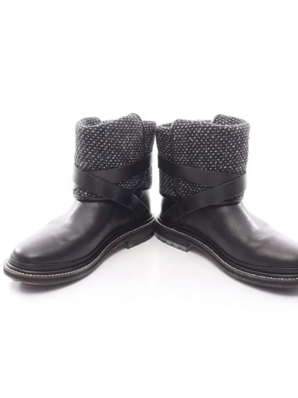 CHANEL Black Leather Ankle Boots with Heathered Gray Knit Cuff